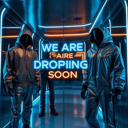 An ultra-modern promotional image for a futuristic clothing brand, set in a sleek, high-tech environment featuring glowing neon accents in shades of blue, brown, silver, and black