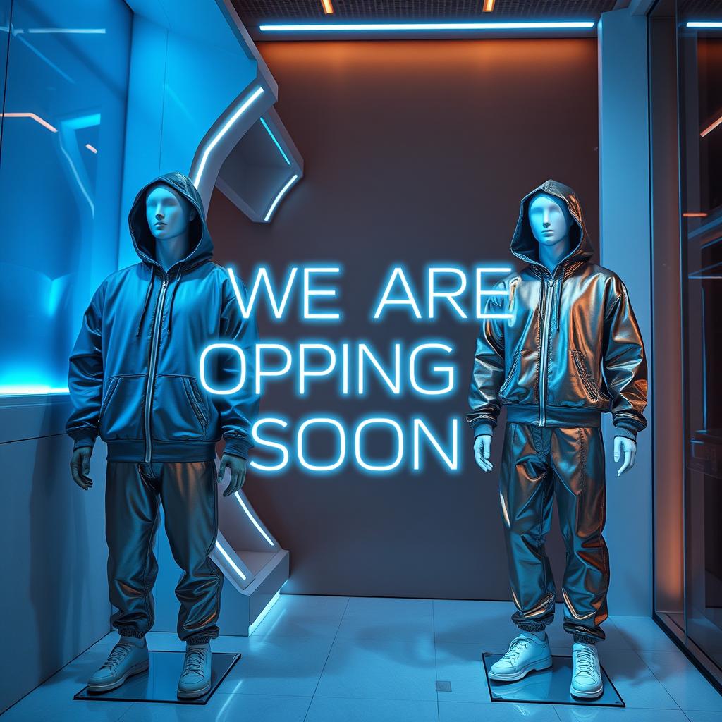 An ultra-modern promotional image for a futuristic clothing brand, set in a sleek, high-tech environment featuring glowing neon accents in shades of blue, brown, silver, and black