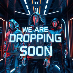 An ultra-modern promotional image for a futuristic clothing brand, set in a sleek, high-tech environment featuring glowing neon accents in shades of blue, brown, silver, and black