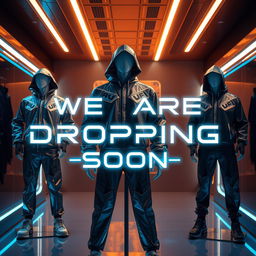 An ultra-modern promotional image for a futuristic clothing brand, set in a sleek, high-tech environment featuring glowing neon accents in shades of blue, brown, silver, and black