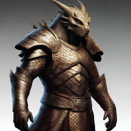 A high-quality digital art piece in a realistic style, showcasing a dragonborn with an arm prosthesis