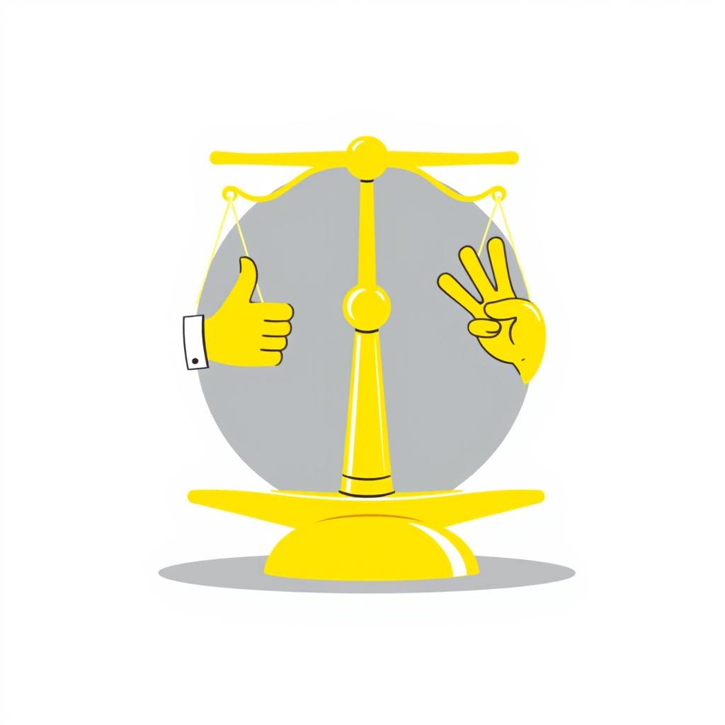 A bright yellow balance scale design, where the right side features a hand giving a thumbs up, symbolizing approval, and the left side features a joyful wave, representing happiness