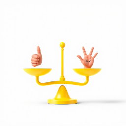 A bright yellow balance scale design, where the right side features a hand giving a thumbs up, symbolizing approval, and the left side features a joyful wave, representing happiness