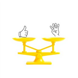 A bright yellow balance scale design, where the right side features a hand giving a thumbs up, symbolizing approval, and the left side features a joyful wave, representing happiness