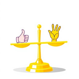 A bright yellow balance scale design, where the right side features a hand giving a thumbs up, symbolizing approval, and the left side features a joyful wave, representing happiness