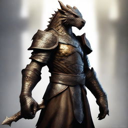 A high-quality digital art piece in a realistic style, showcasing a dragonborn with an arm prosthesis