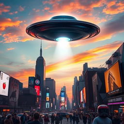 A dramatic scene of a UFO hovering over the iconic skyline of New York City at dusk