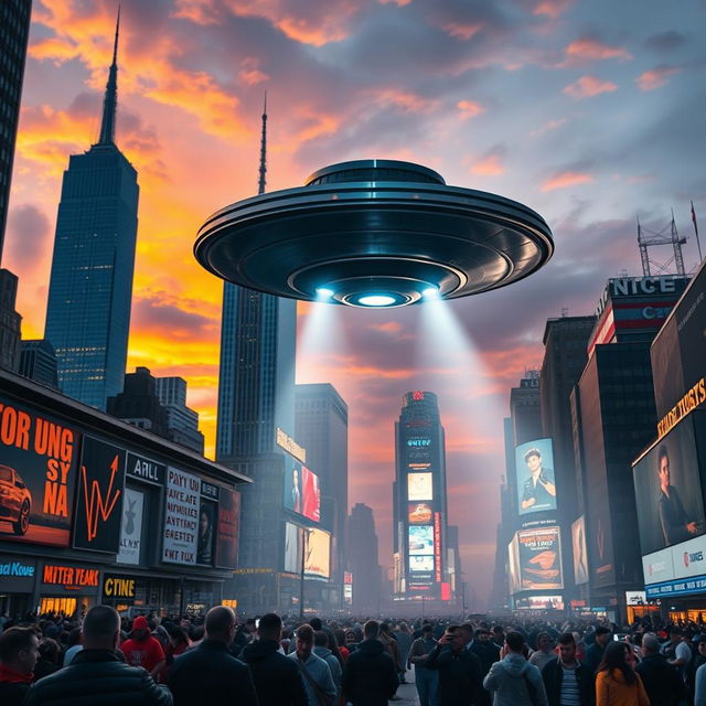 A dramatic scene of a UFO hovering over the iconic skyline of New York City at dusk