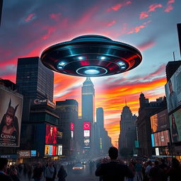 A dramatic scene of a UFO hovering over the iconic skyline of New York City at dusk