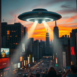 A dramatic scene of a UFO hovering over the iconic skyline of New York City at dusk