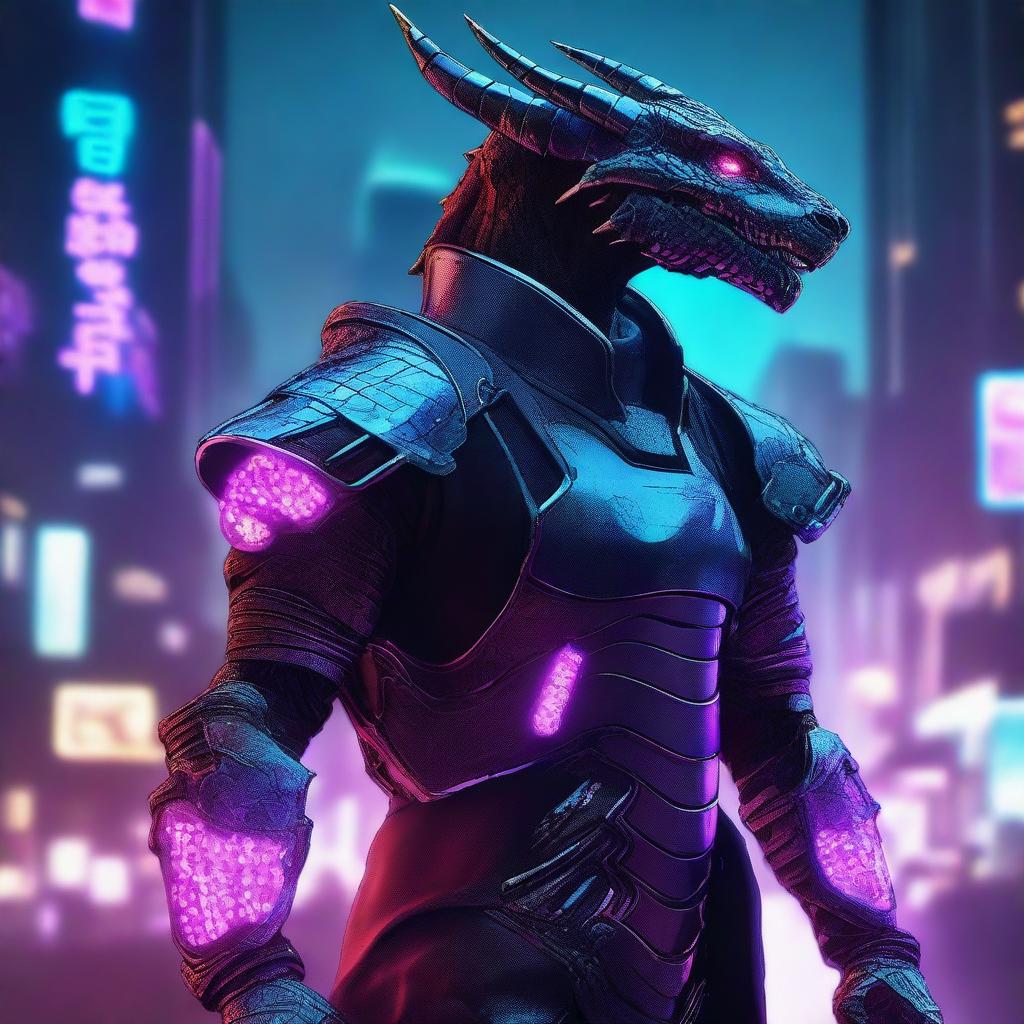 A high-quality digital art piece in a cyberpunk style, featuring a dragonborn with a cybernetic prosthesis