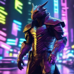 A high-quality digital art piece in a cyberpunk style, featuring a dragonborn with a cybernetic prosthesis