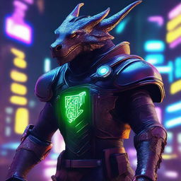 A high-quality digital art piece in a cyberpunk style, featuring a dragonborn with a cybernetic prosthesis