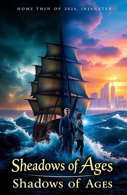 A majestic sailing ship named 'Shadows of Ages' sails through crashing waves in the lower half of the cover, symbolizing the thrill of the pirate world
