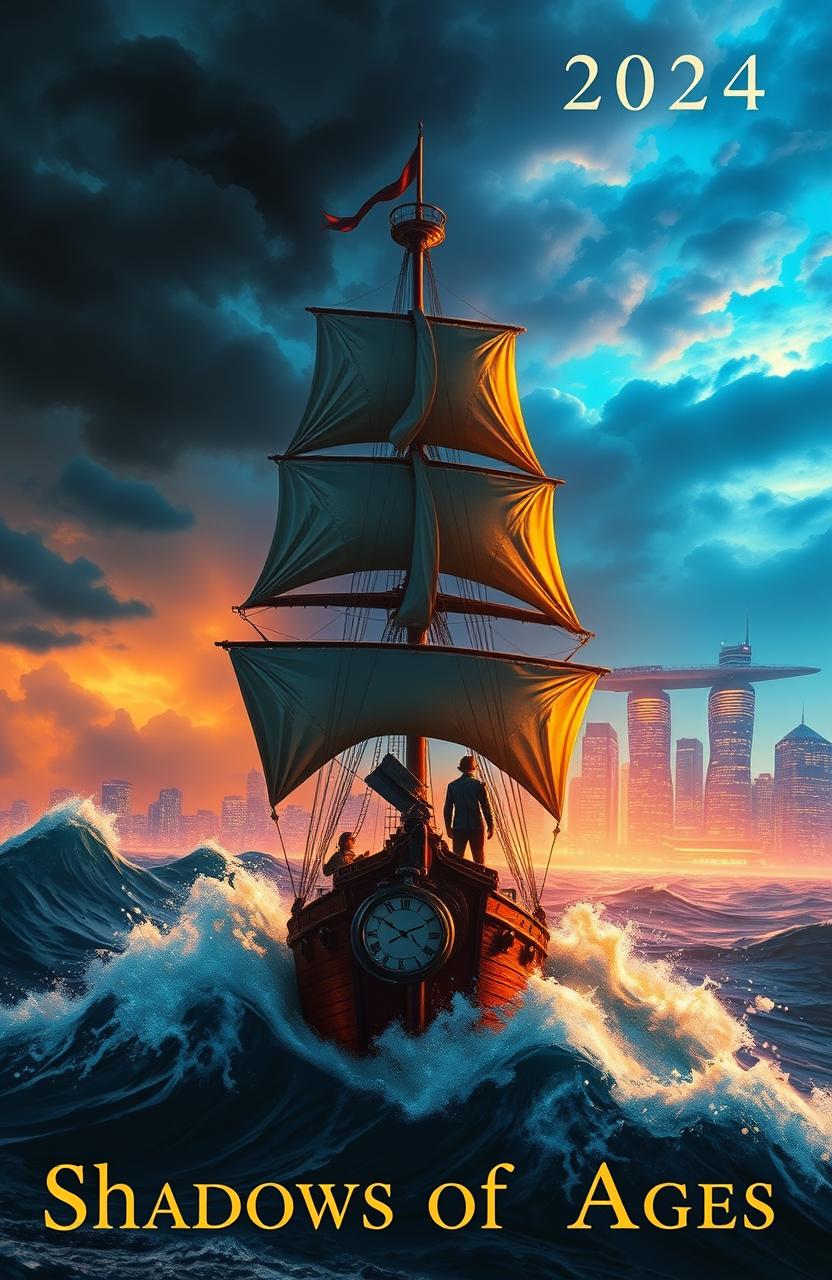 A majestic sailing ship named 'Shadows of Ages' sails through crashing waves in the lower half of the cover, symbolizing the thrill of the pirate world