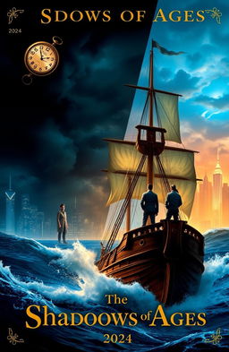 A majestic sailing ship named 'Shadows of Ages' sails through crashing waves in the lower half of the cover, symbolizing the thrill of the pirate world
