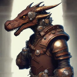 A high-quality digital art piece in a steampunk style, featuring a dragonborn with a steampunk prosthesis