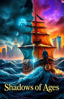 A majestic sailing ship named 'Shadows of Ages' sails through crashing waves in the lower half of the cover, symbolizing the thrill of the pirate world