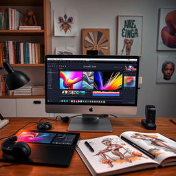 A creative workspace featuring an array of Adobe software applications open on a modern desktop computer