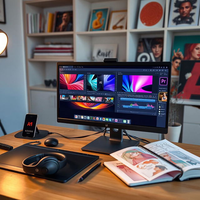 A creative workspace featuring an array of Adobe software applications open on a modern desktop computer