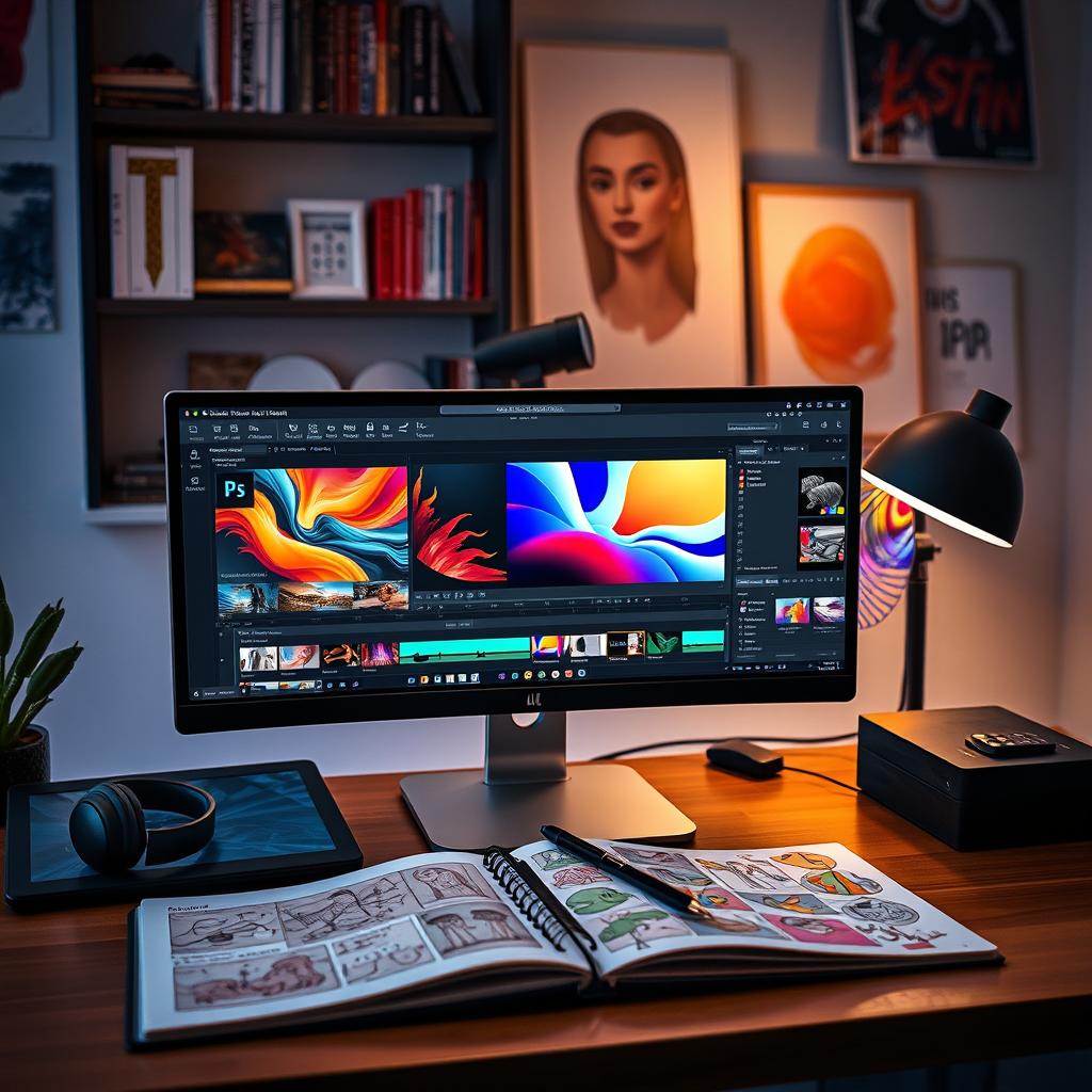A creative workspace featuring an array of Adobe software applications open on a modern desktop computer