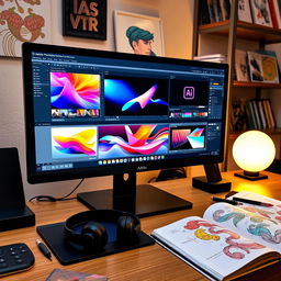 A creative workspace featuring an array of Adobe software applications open on a modern desktop computer