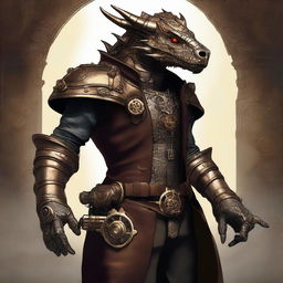 A high-quality digital art piece in a steampunk style, featuring a dragonborn with a steampunk prosthesis