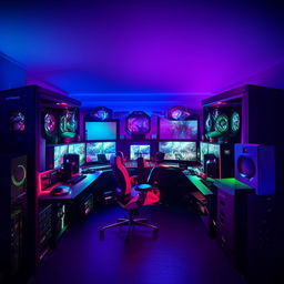 A sophisticated gaming room setup with high-end computer systems, vibrant RGB lighting, comfortable gaming chairs, and multiple monitors.