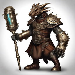 A high-quality digital art piece in a steampunk style, featuring a dragonborn with a steampunk prosthesis