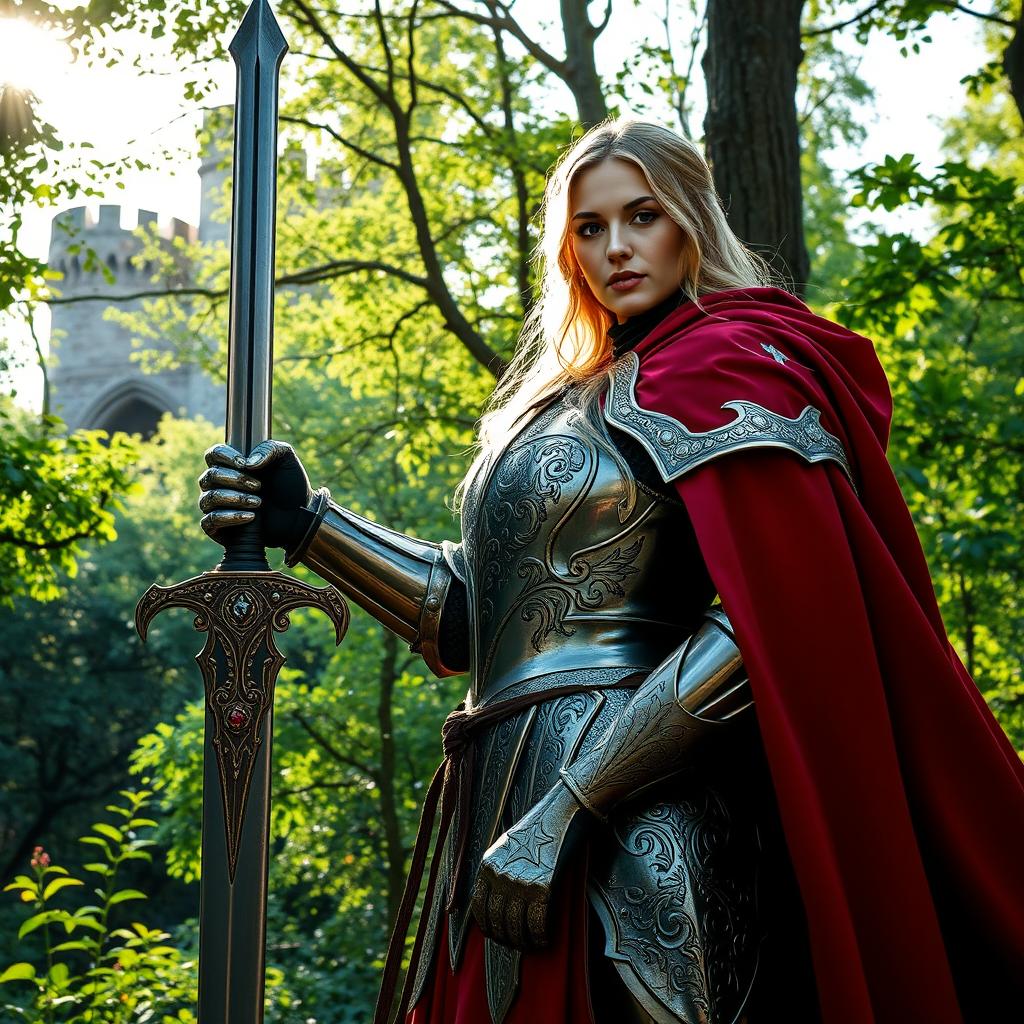 A stunning medieval scene featuring a beautiful knight in intricately designed armor, standing valiantly in a lush green forest