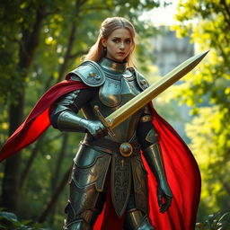 A stunning medieval scene featuring a beautiful knight in intricately designed armor, standing valiantly in a lush green forest