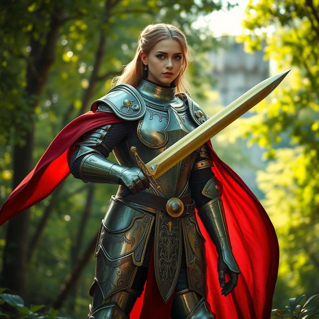 A stunning medieval scene featuring a beautiful knight in intricately designed armor, standing valiantly in a lush green forest