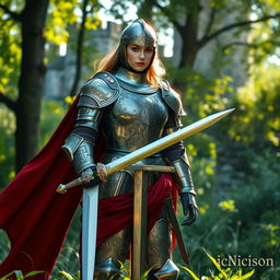 A stunning medieval scene featuring a beautiful knight in intricately designed armor, standing valiantly in a lush green forest