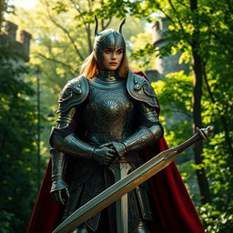 A stunning medieval scene featuring a beautiful knight in intricately designed armor, standing valiantly in a lush green forest