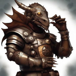 A high-quality digital art piece in a steampunk style, featuring a dragonborn with a steampunk prosthesis