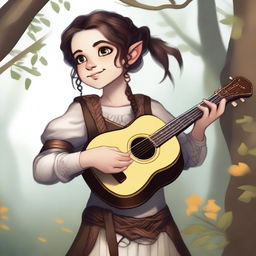 A high-quality digital art image captures a halfling bard woman in the act of singing and playing a lyre