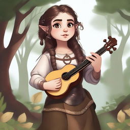 A high-quality digital art image captures a halfling bard woman in the act of singing and playing a lyre