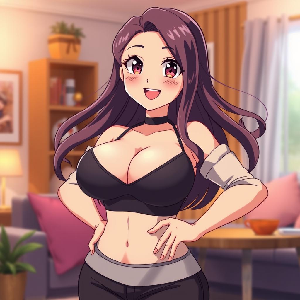 An anime-style depiction of a confident and attractive mother character, showcasing her big breasts and voluptuous figure