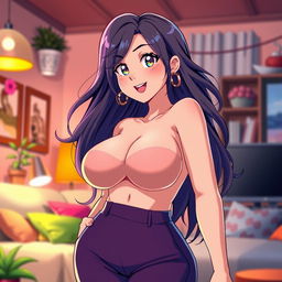 An anime-style depiction of a confident and attractive mother character, showcasing her big breasts and voluptuous figure