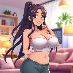 An anime-style depiction of a confident and attractive mother character, showcasing her big breasts and voluptuous figure