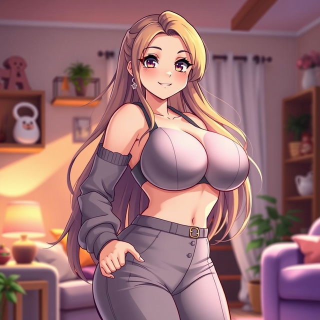 An anime-style depiction of a confident and attractive mother character, showcasing her big breasts and voluptuous figure