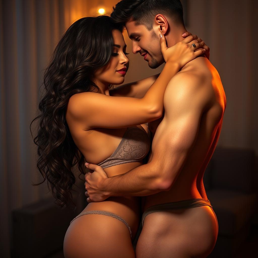 A sultry scene featuring a couple in an intimate setting, showcasing a sexy brunette woman with gorgeous curly hair wearing alluring lingerie that accentuates her curves