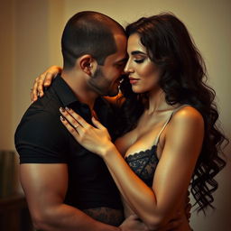 A sultry scene featuring a couple in an intimate setting, showcasing a sexy brunette woman with gorgeous curly hair wearing alluring lingerie that accentuates her curves