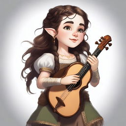 A high-quality digital art image captures a halfling bard woman in the act of singing and playing a lyre