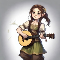 A high-quality digital art image captures a halfling bard woman in the act of singing and playing a lyre