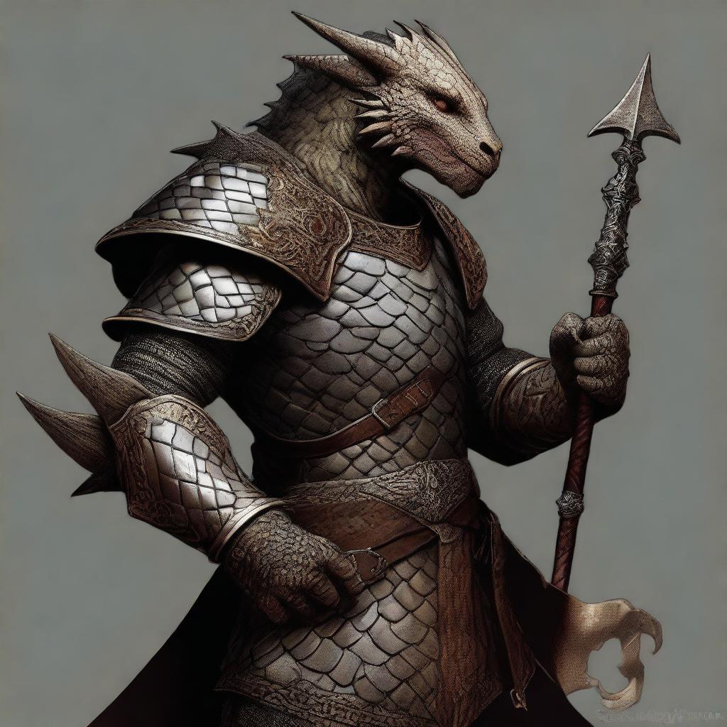 A high-quality digital art piece rendered in a medievalpunk style, showcasing a dragonborn with a medievalpunk prosthesis