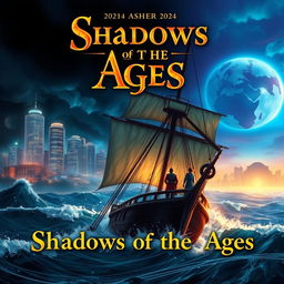 A majestic sailing ship named 'Shadows of the Ages' sailing through tumultuous waves in the lower half of the frame, symbolizing a pirate world