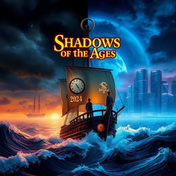 A majestic sailing ship named 'Shadows of the Ages' sailing through tumultuous waves in the lower half of the frame, symbolizing a pirate world