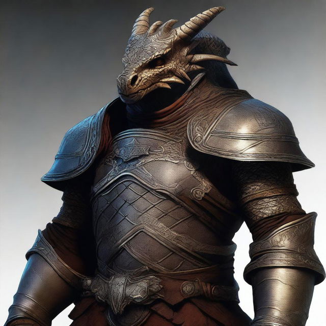 A high-quality digital art piece rendered in a medievalpunk style, showcasing a dragonborn with a medievalpunk prosthesis