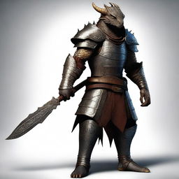 A high-quality digital art piece rendered in a medievalpunk style, showcasing a dragonborn with a medievalpunk prosthesis